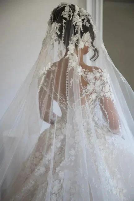 Gorgeous Long Sleeves Soft Floral Lace Bridal Gown V-Neck Wedding Dress - Image 4