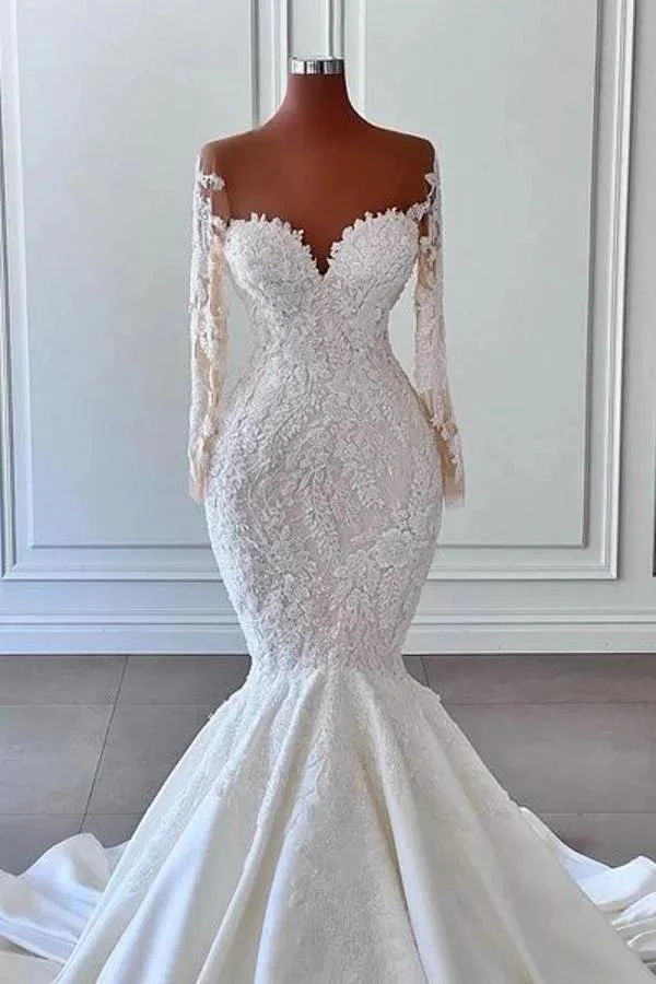 Gorgeous Long Sleeves White Mermaid Bridal Dress Sweetheart Graden Wedding Dresses - Image 2