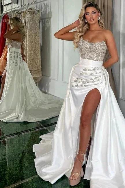 Gorgeous Long White A-line Strapless Jewel Prom Dress With Slit - Image 2