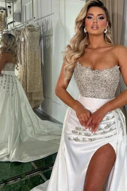 Gorgeous Long White A-line Strapless Jewel Prom Dress With Slit - Image 3