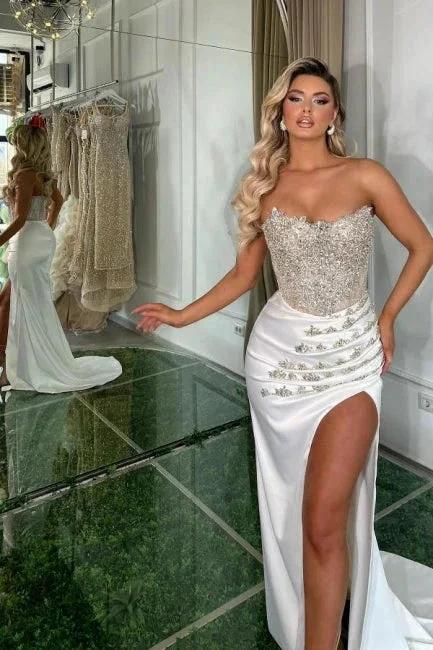 Gorgeous Long White A-line Strapless Jewel Prom Dress With Slit - Image 6
