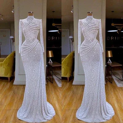 Gorgeous Long White Mermaid High Neck Sequined Prom Dress With Long Sleeves - Image 2