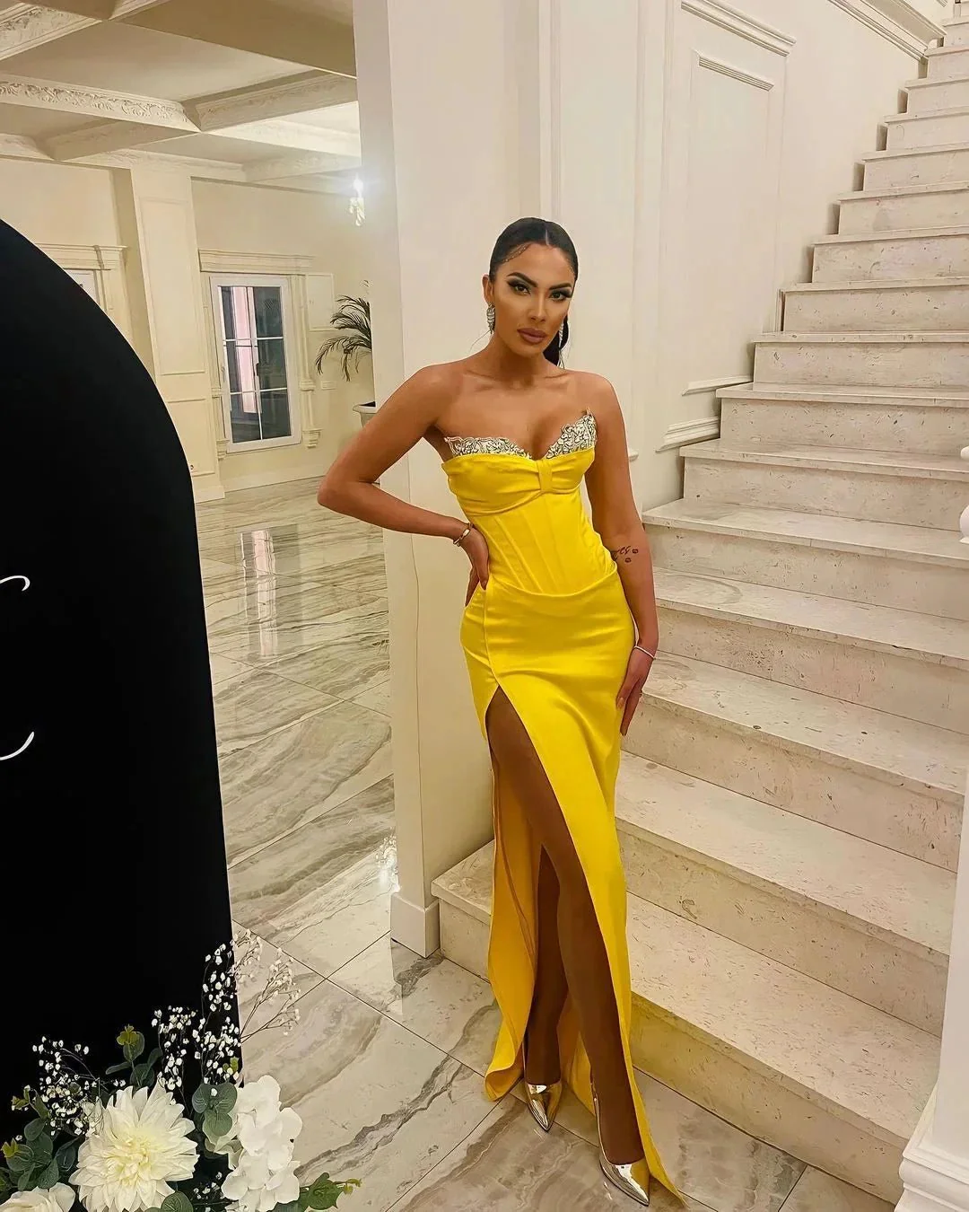 Gorgeous Long Yellow Strapless Mermaid Jewels Floor-Length Prom Dress With Slit - Image 3