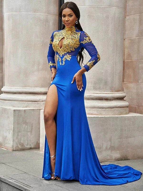 Gorgeous Mermaid Applique Long Sleeves Jersey High Neck Prom Dresses - Image 2