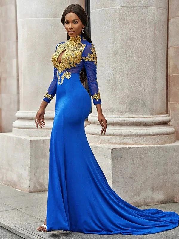 Gorgeous Mermaid Applique Long Sleeves Jersey High Neck Prom Dresses - Image 4