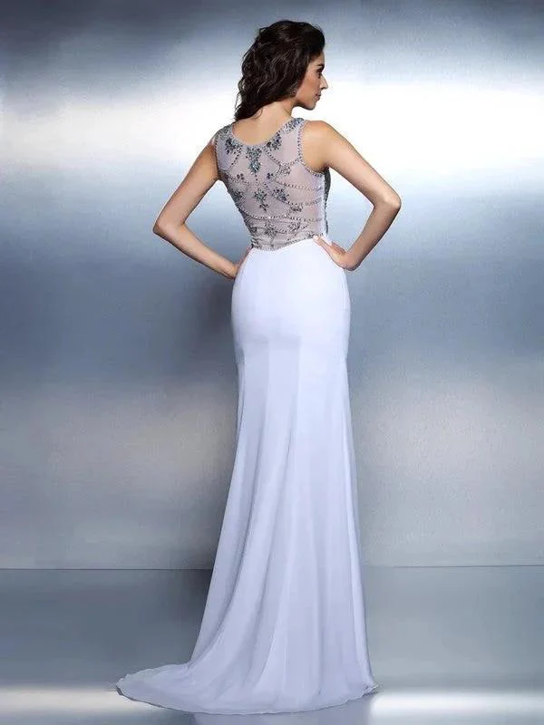 Gorgeous Mermaid Bateau Beading Sleeveless Long Chiffon Prom Dresses - Image 2