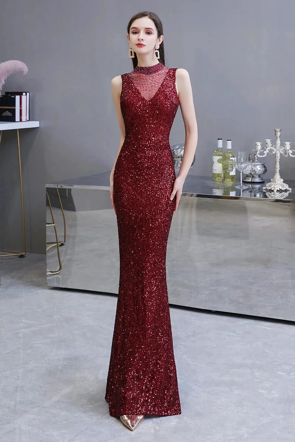 Gorgeous Mermaid Burgundy Sequins Long Prom Dress - Image 2