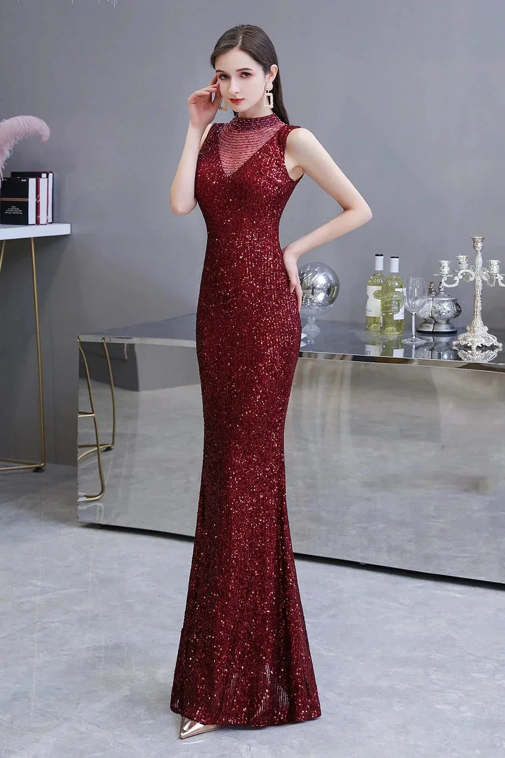 Gorgeous Mermaid Burgundy Sequins Long Prom Dress - Image 3