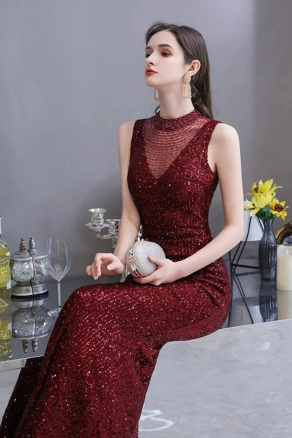 Gorgeous Mermaid Burgundy Sequins Long Prom Dress - Image 6