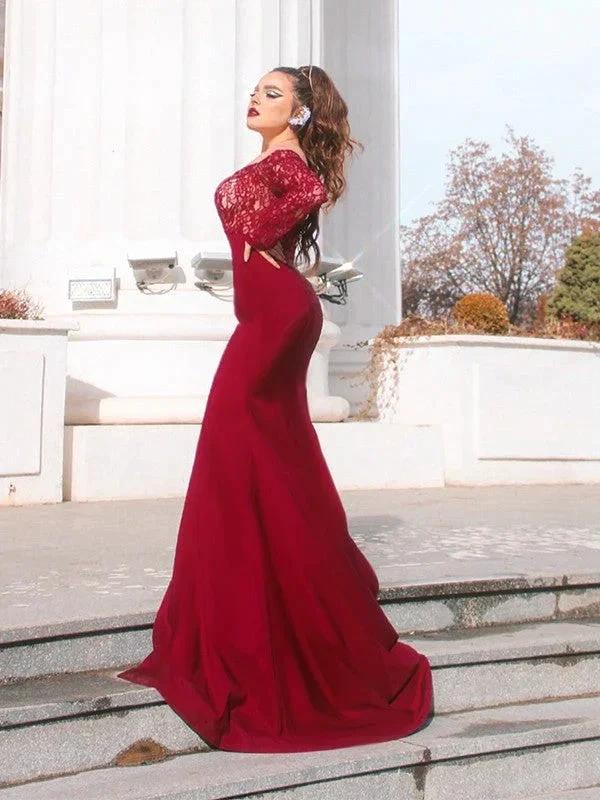 Gorgeous Mermaid Elastic Woven Satin Applique Off-the-Shoulder Long Sleeves Prom Dresses - Image 10