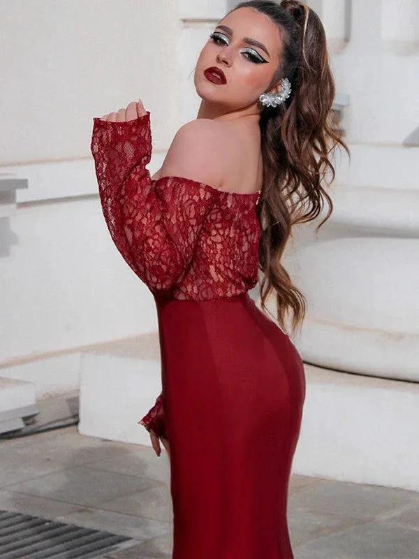 Gorgeous Mermaid Elastic Woven Satin Applique Off-the-Shoulder Long Sleeves Prom Dresses - Image 13