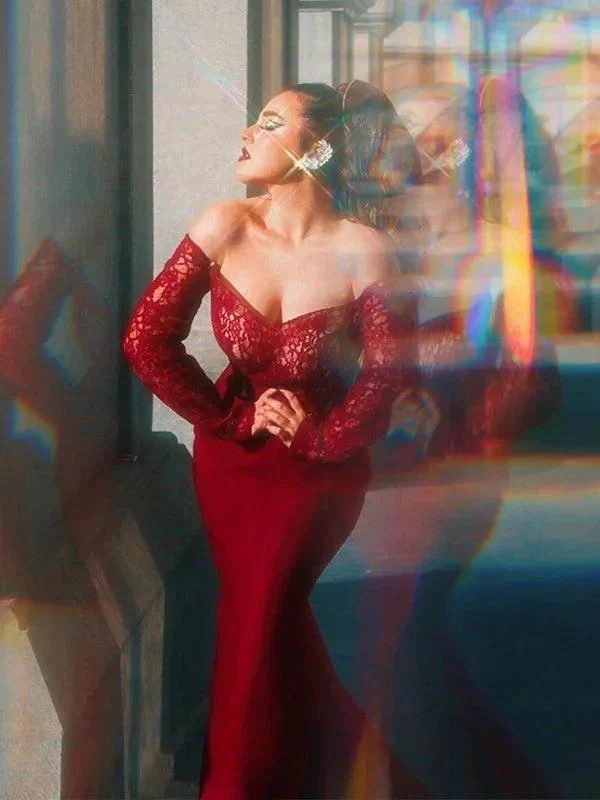 Gorgeous Mermaid Elastic Woven Satin Applique Off-the-Shoulder Long Sleeves Prom Dresses - Image 15