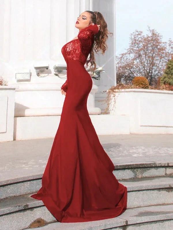 Gorgeous Mermaid Elastic Woven Satin Applique Off-the-Shoulder Long Sleeves Prom Dresses - Image 2