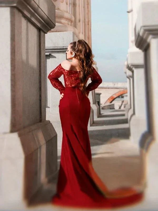 Gorgeous Mermaid Elastic Woven Satin Applique Off-the-Shoulder Long Sleeves Prom Dresses - Image 3