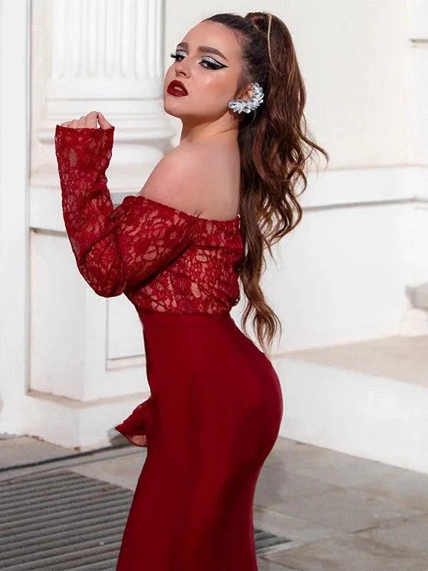 Gorgeous Mermaid Elastic Woven Satin Applique Off-the-Shoulder Long Sleeves Prom Dresses - Image 6