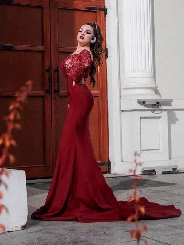 Gorgeous Mermaid Elastic Woven Satin Applique Off-the-Shoulder Long Sleeves Prom Dresses - Image 8