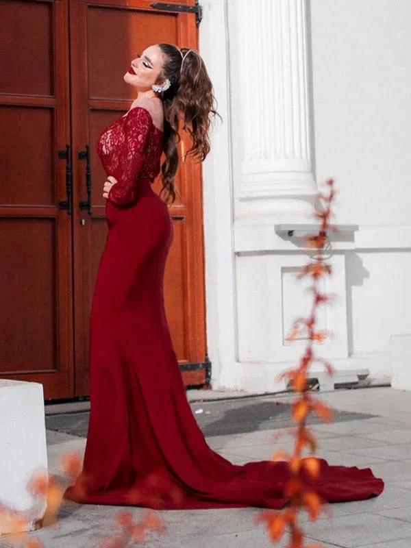 Gorgeous Mermaid Elastic Woven Satin Applique Off-the-Shoulder Long Sleeves Prom Dresses - Image 9