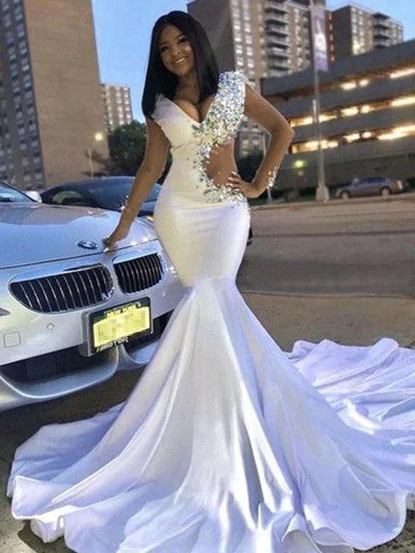 Gorgeous Mermaid Elastic Woven Satin Beading V-neck Long Sleeves Court Train Prom Dresses