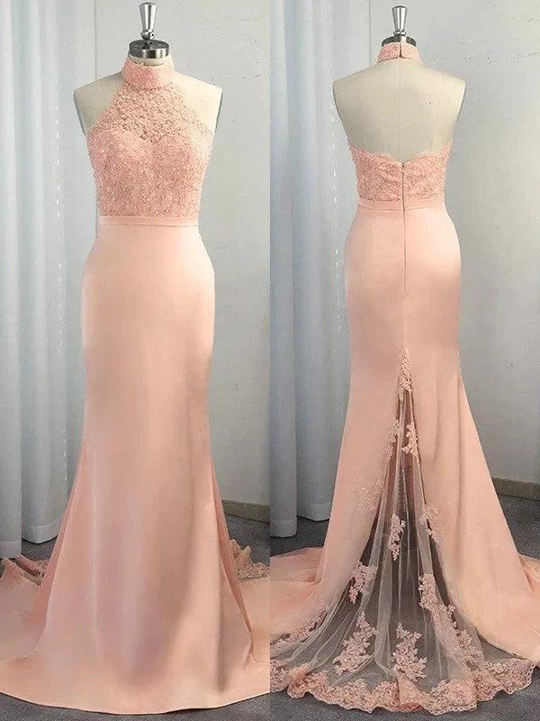 Gorgeous Mermaid Halter Sleeveless Satin Lace Prom Dresses - Image 2