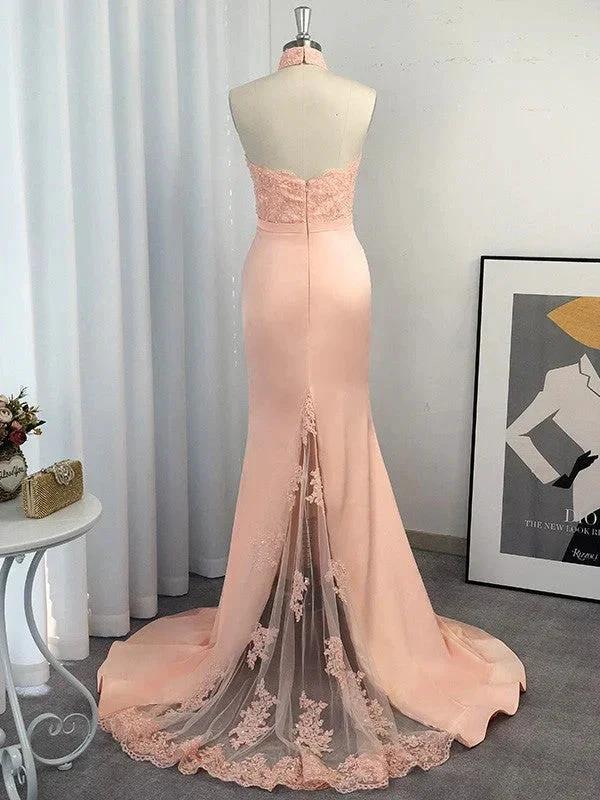 Gorgeous Mermaid Halter Sleeveless Satin Lace Prom Dresses - Image 3