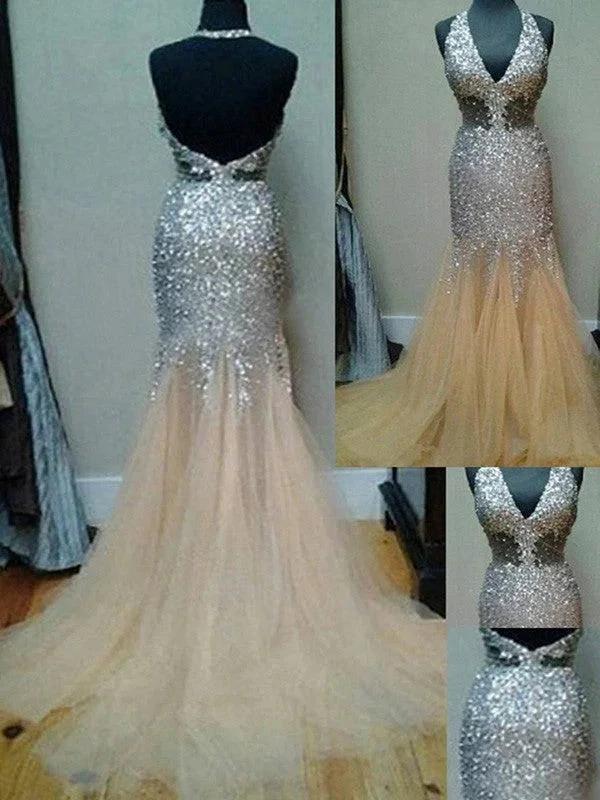 Gorgeous Mermaid Halter Sleeveless Tulle Sequin Court Train Prom Dresses - Image 2