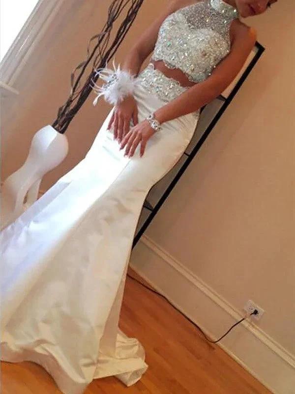Gorgeous Mermaid High Neck Sleeveless Satin Beading Two Piece Prom Dresses - Image 2