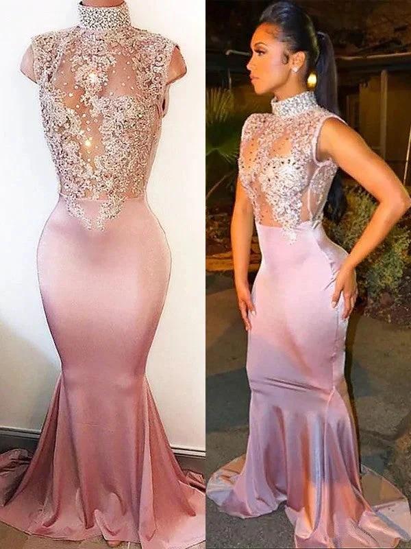 Gorgeous Mermaid High Neck Sleeveless Silk like Satin Lace Prom Dresses - Image 2