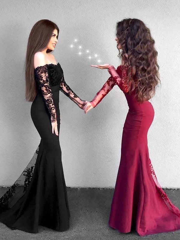 Gorgeous Mermaid Long Sleeves Off-the-Shoulder Applique Stretch Crepe Prom Dresses - Image 2