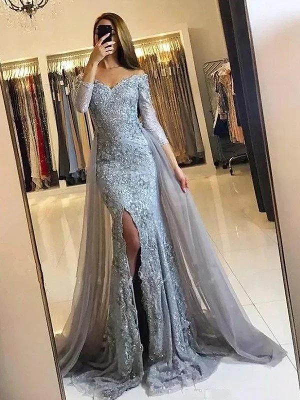 Gorgeous Mermaid Long Sleeves Off-the-Shoulder Tulle Lace Prom Dresses - Image 2