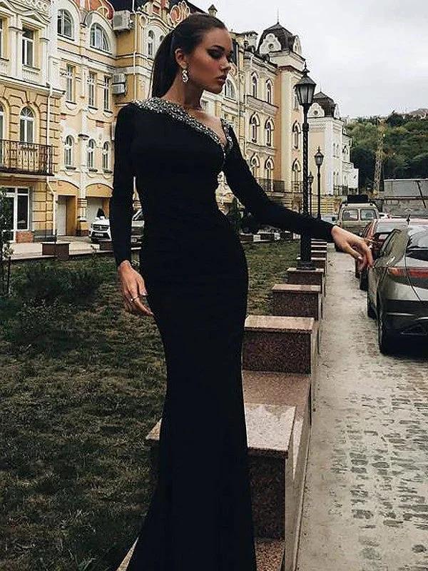 Gorgeous Mermaid Long Sleeves One-Shoulder Spandex Beading Prom Dresses - Image 2