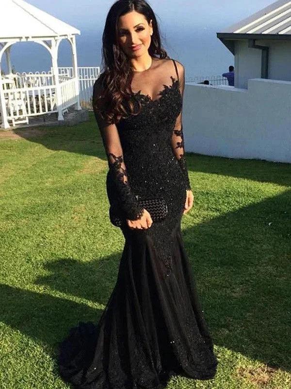 Gorgeous Mermaid Long Sleeves Sheer Neck Applique Spandex Prom Dresses - Image 2