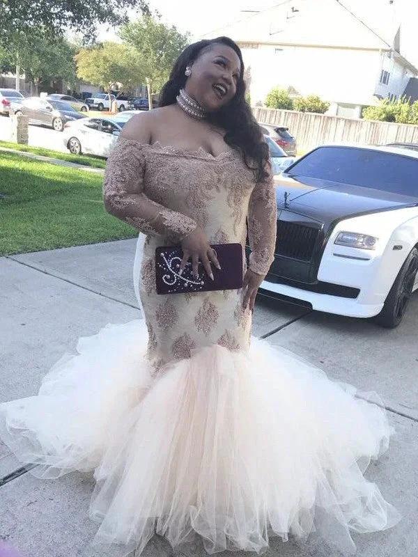 Gorgeous Mermaid Off-the-Shoulder Long Sleeves Applique Court Train Tulle Plus Size Prom Dresses - Image 2