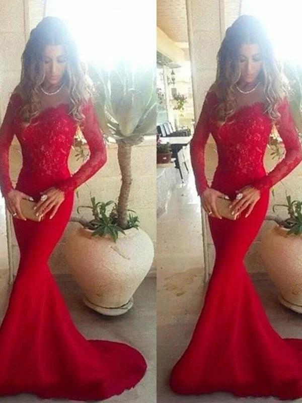 Gorgeous Mermaid Off-the-Shoulder Long Sleeves Lace Elastic Woven Satin Prom Dresses - Image 2