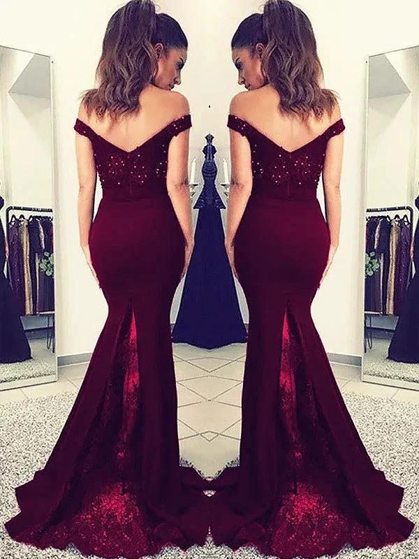 Gorgeous Mermaid Off-the-Shoulder Sleeveless Lace Elastic Woven Satin Prom Dresses - Image 2