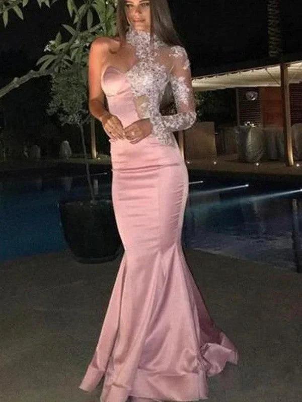 Gorgeous Mermaid Satin Applique One-Shoulder Long Sleeves Prom Dresses - Image 2