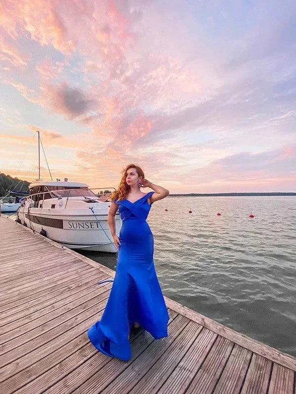Gorgeous Mermaid Satin Ruffles Off-the-Shoulder Sleeveless Prom Dresses - Image 2