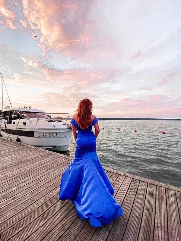 Gorgeous Mermaid Satin Ruffles Off-the-Shoulder Sleeveless Prom Dresses - Image 5
