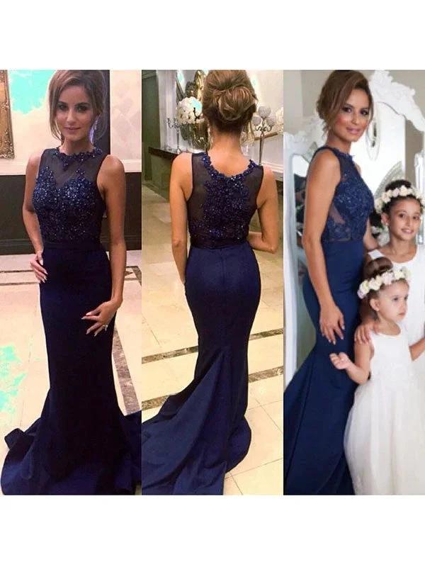 Gorgeous Mermaid Scoop Court Train Sleeveless Beading Satin Prom Dresses - Image 2