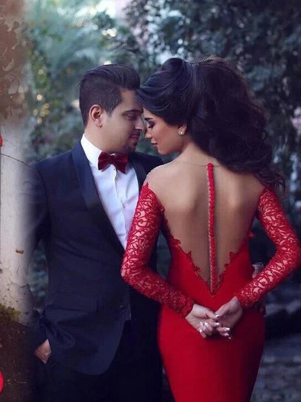 Gorgeous Mermaid Scoop Long Sleeves Applique Stretch Crepe Prom Dresses - Image 2