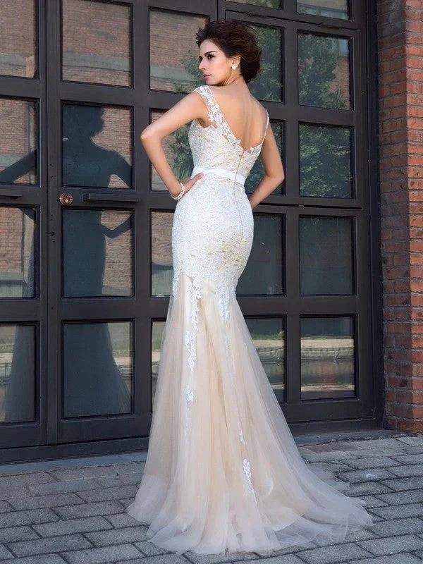 Gorgeous Mermaid Sheer Neck Applique Short Sleeves Long Net Prom Dresses - Image 2