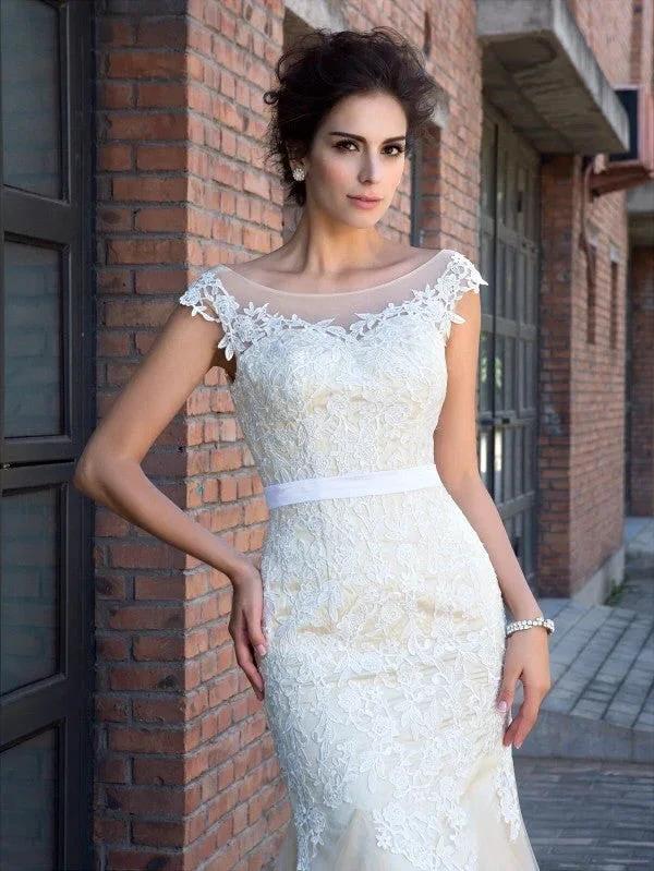 Gorgeous Mermaid Sheer Neck Applique Short Sleeves Long Net Prom Dresses - Image 5