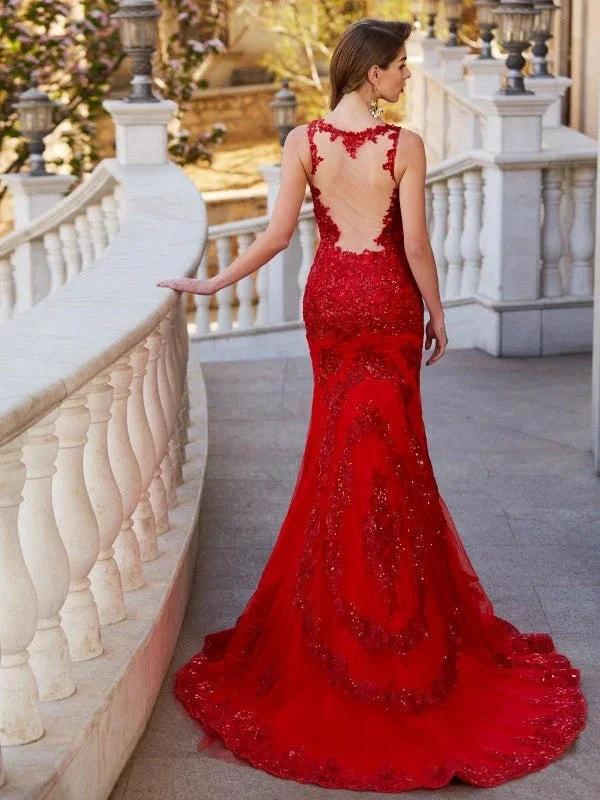 Gorgeous Mermaid Sheer Neck Sleeveless Applique Tulle Prom Dresses - Image 2