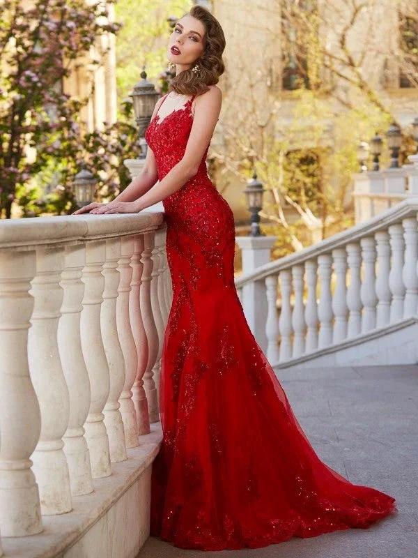 Gorgeous Mermaid Sheer Neck Sleeveless Applique Tulle Prom Dresses - Image 5