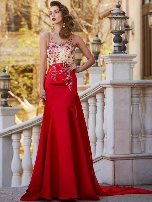 Gorgeous Mermaid Sheer Neck Sleeveless Court Train Applique Stain Prom Dresses - Image 3