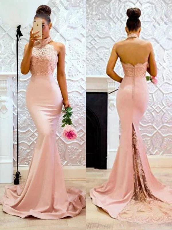Gorgeous Mermaid Sleeveless Halter Lace Charmeuse Prom Dresses - Image 2