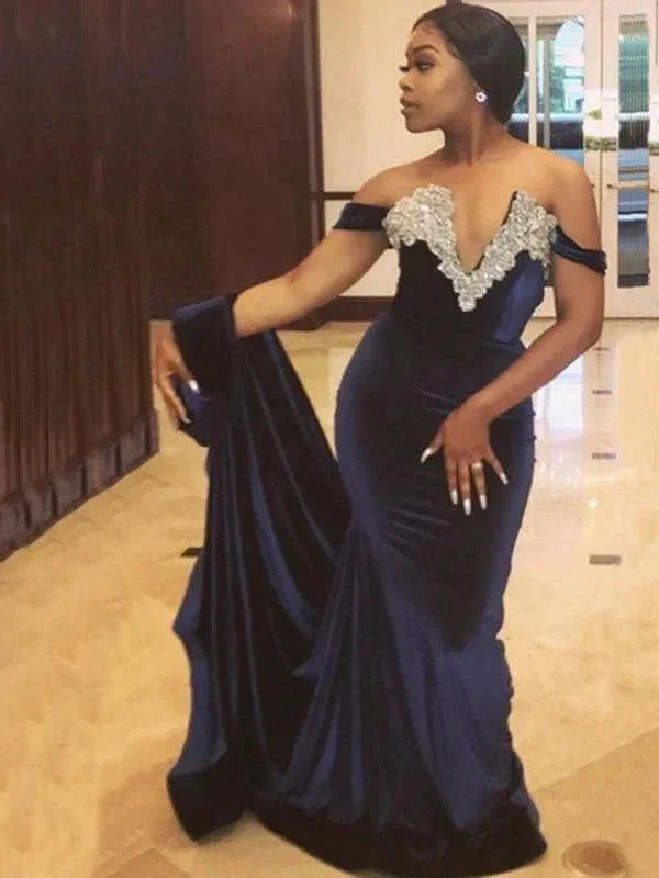 Gorgeous Mermaid Sleeveless Off-the-Shoulder Applique Velvet Prom Dresses - Image 2