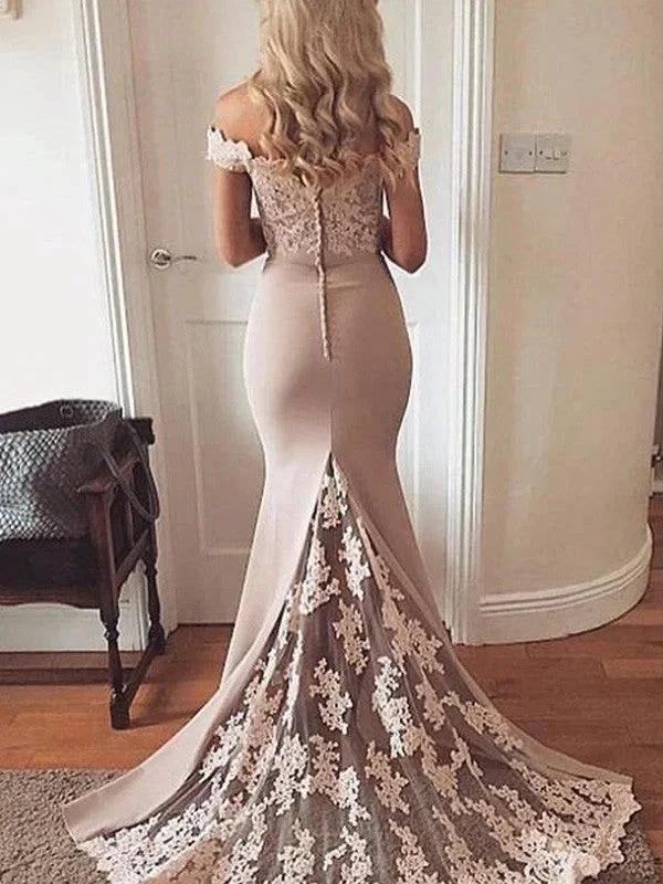 Gorgeous Mermaid Sleeveless Off-the-Shoulder Elastic Woven Satin Applique Prom Dresses - Image 2