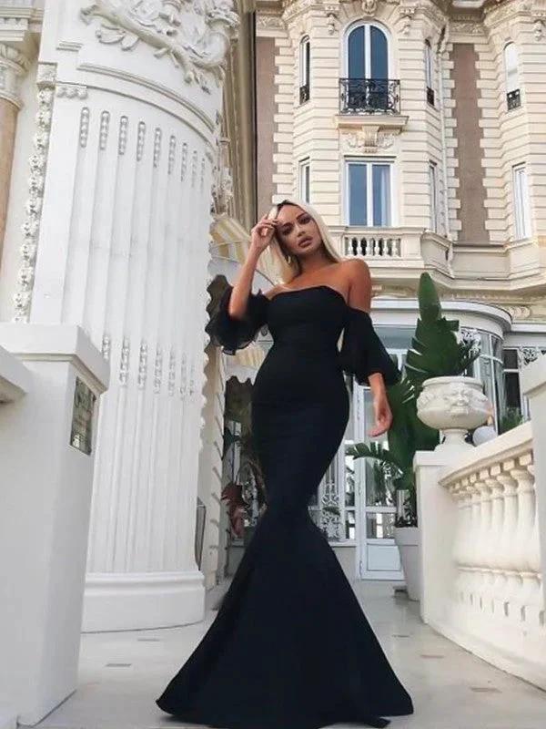 Gorgeous Mermaid Sleeveless Off-the-Shoulder Floor-Length Ruffles Stretch Crepe Prom Dresses - Image 2