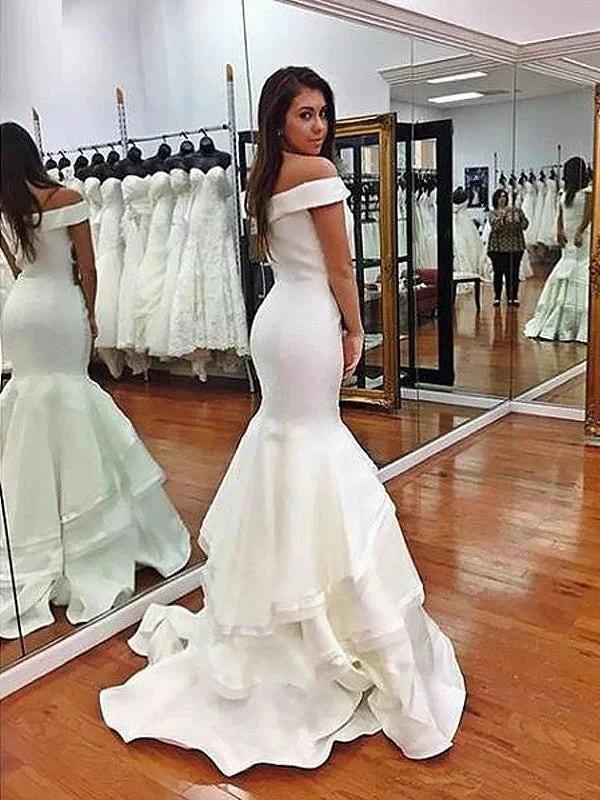 Gorgeous Mermaid Sleeveless Off-the-Shoulder Satin Layers Prom Dresses - Image 2