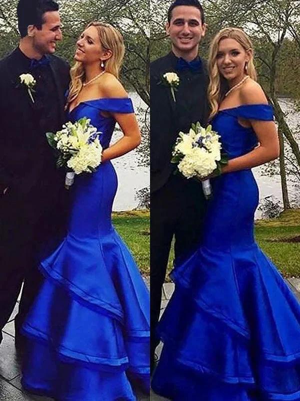 Gorgeous Mermaid Sleeveless Off-the-Shoulder Satin Layers Prom Dresses - Image 3